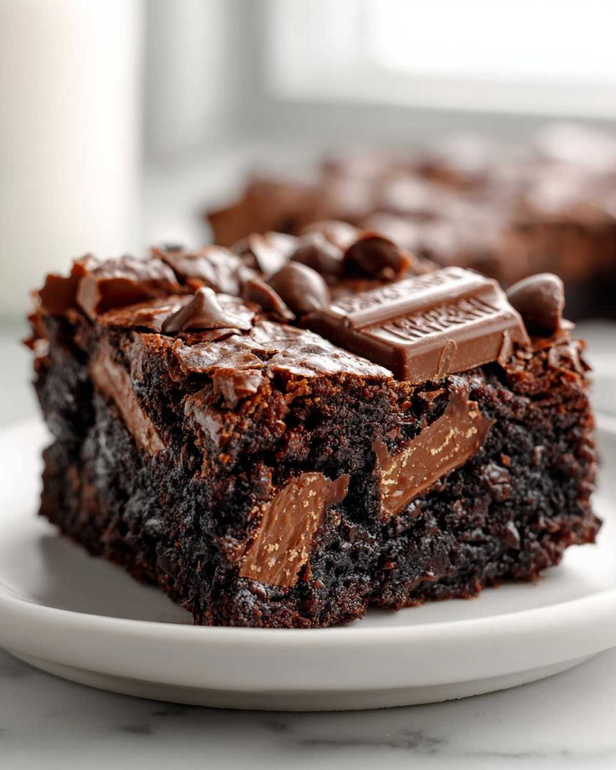 Close-up of a fudgy Kit Kat Brownies slice topped with chocolate chips and a piece of Kit Kat candy bar.