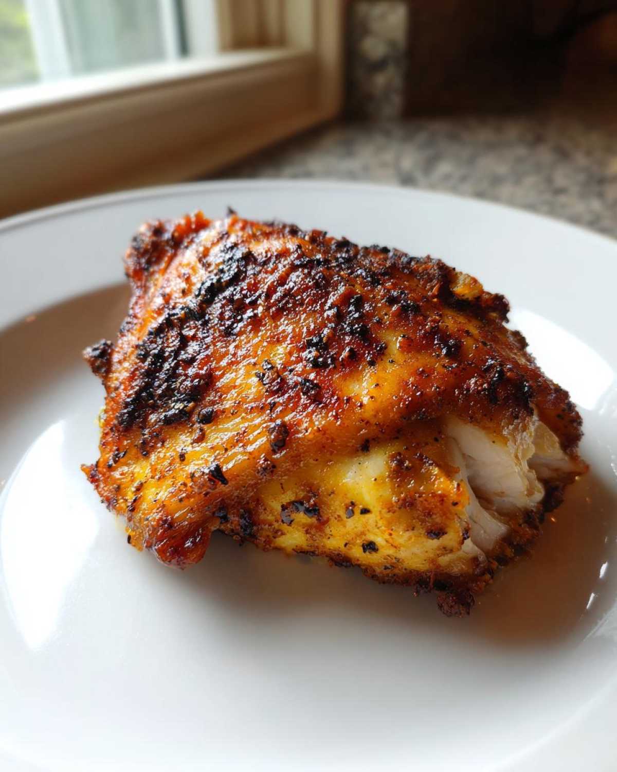 A close-up of a juicy, perfectly seared Garam Masala Chicken Thigh resting on a white plate.