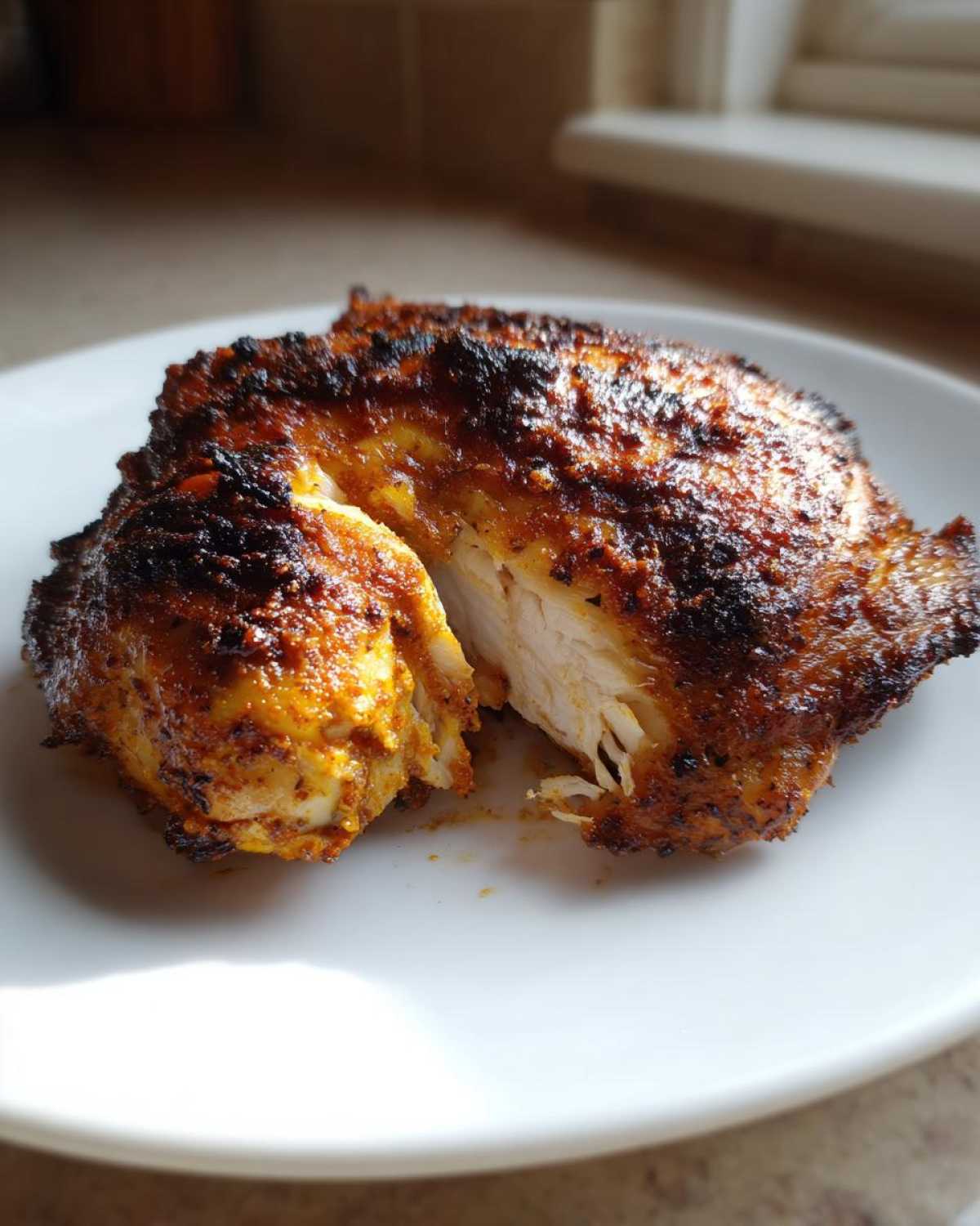A close-up of a cooked Garam Masala Chicken Thighs, cut open to show the moist white interior and spiced, charred exterior.