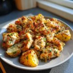 A plate piled high with baked Garlic Parmesan Chicken Potatoes, seasoned with herbs.