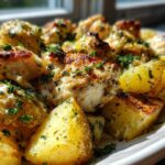 Close-up of perfectly cooked Garlic Parmesan Chicken Potatoes with golden roasted potatoes and seasoned chicken pieces.