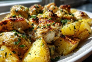 Close-up of perfectly cooked Garlic Parmesan Chicken Potatoes with golden roasted potatoes and seasoned chicken pieces.