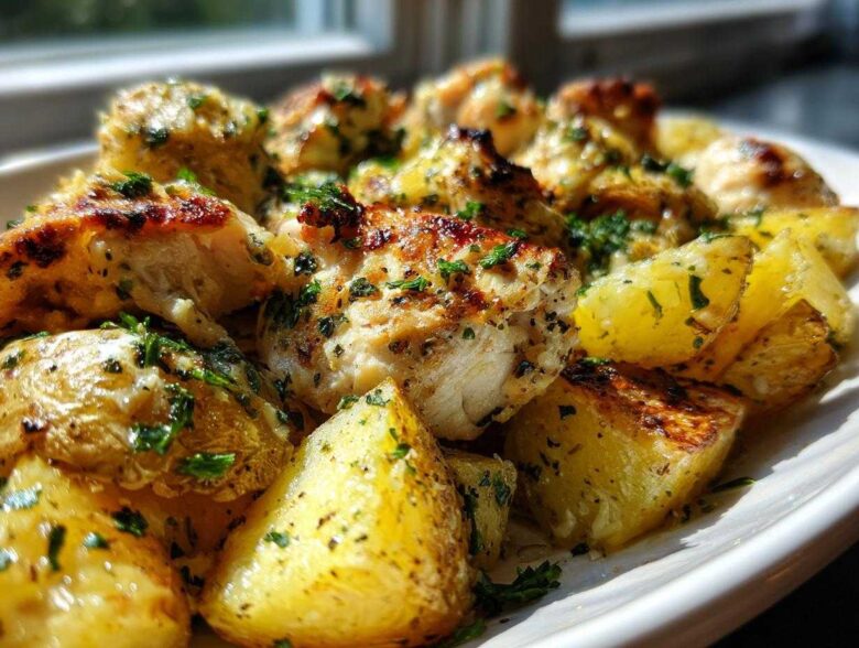 Close-up of perfectly cooked Garlic Parmesan Chicken Potatoes with golden roasted potatoes and seasoned chicken pieces.