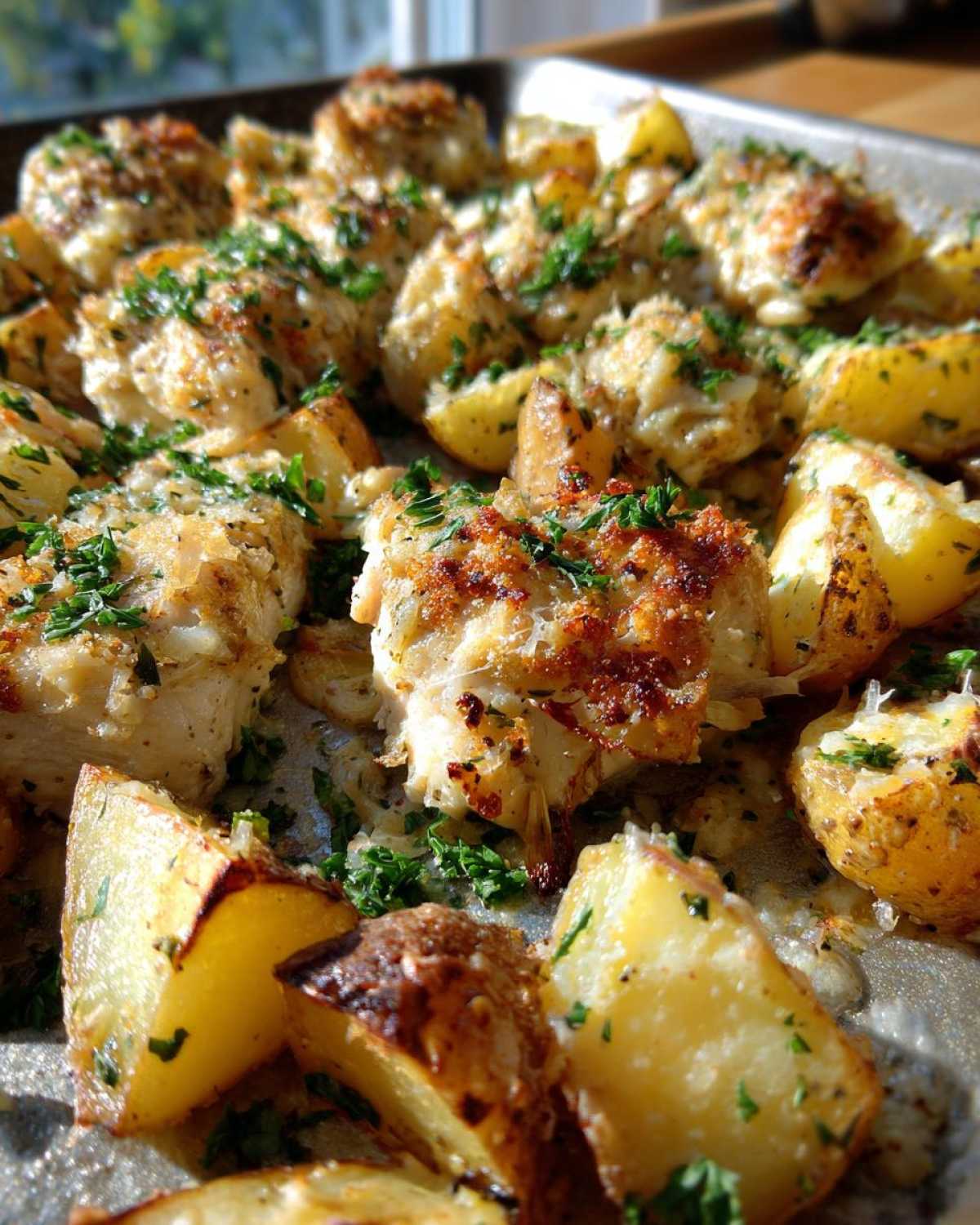Close-up of baked Garlic Parmesan Chicken Potatoes Dinner pieces on a sheet pan, topped with melted cheese and fresh parsley.