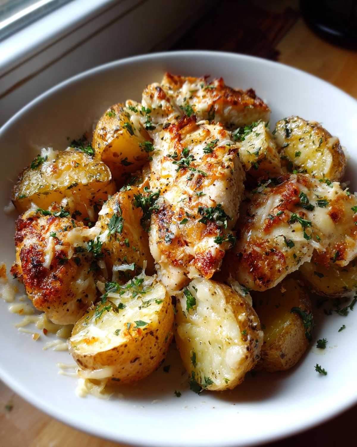Close-up of Garlic Parmesan Chicken Potatoes served in a white bowl, topped with melted cheese and parsley.
