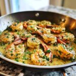 Close-up of plump shrimp cooking in a buttery, garlicky sauce, garnished with fresh parsley in a skillet—Garlic Parmesan Shrimp Skillet.