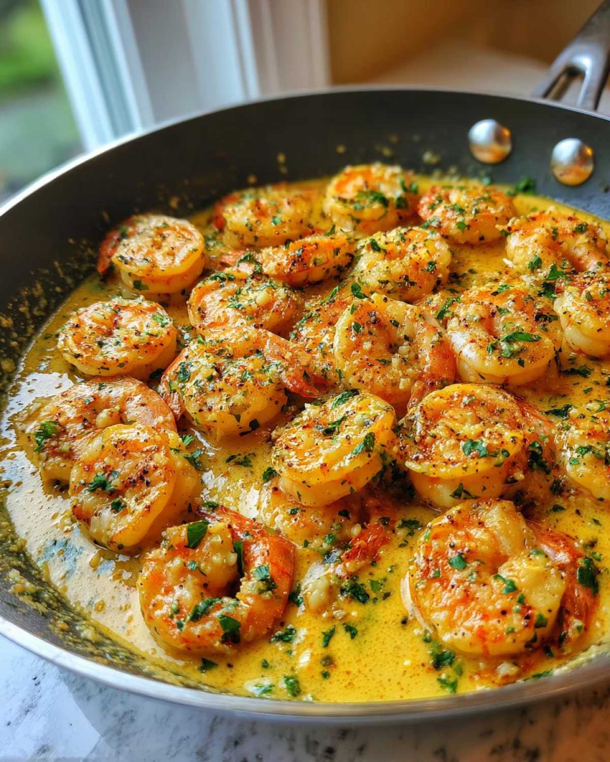 Close-up of plump shrimp coated in a rich, creamy sauce, garnished with parsley in a Garlic Parmesan Shrimp Skillet.