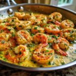 Close-up of plump shrimp cooking in a stainless steel skillet with a rich, yellow Garlic Parmesan Shrimp Skillet sauce and fresh parsley.