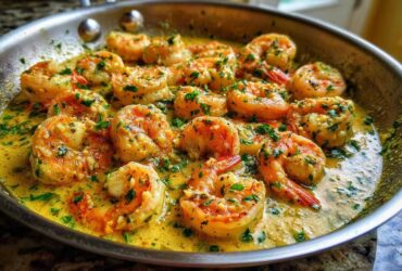 Close-up of plump shrimp cooking in a stainless steel skillet with a rich, yellow Garlic Parmesan Shrimp Skillet sauce and fresh parsley.