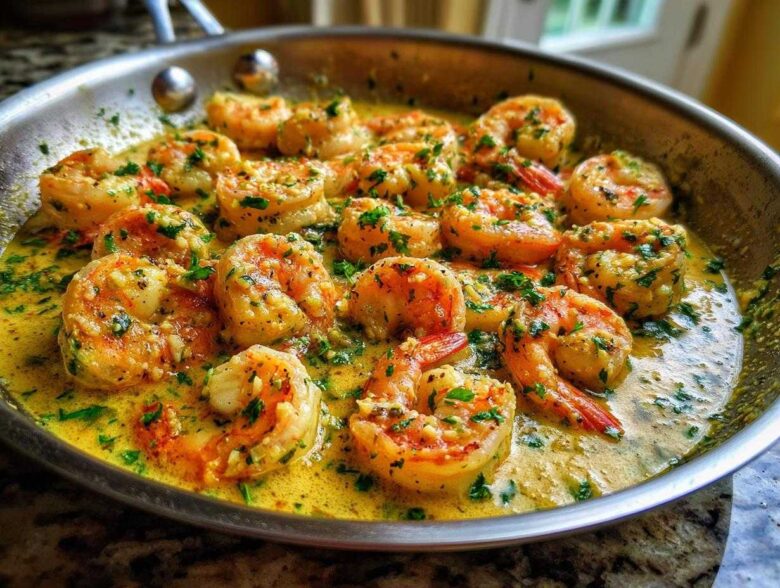 Close-up of plump shrimp cooking in a stainless steel skillet with a rich, yellow Garlic Parmesan Shrimp Skillet sauce and fresh parsley.