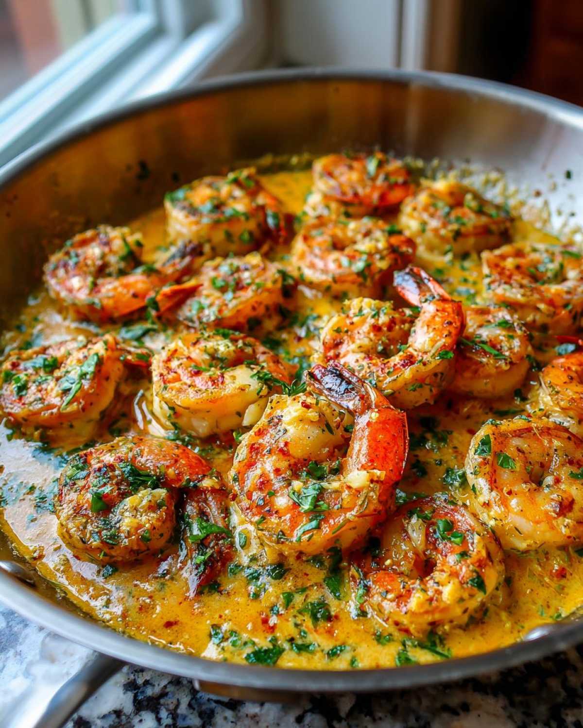 Close-up of plump shrimp cooking in a stainless steel skillet with a rich, creamy Garlic Parmesan Shrimp Skillet sauce and fresh parsley.