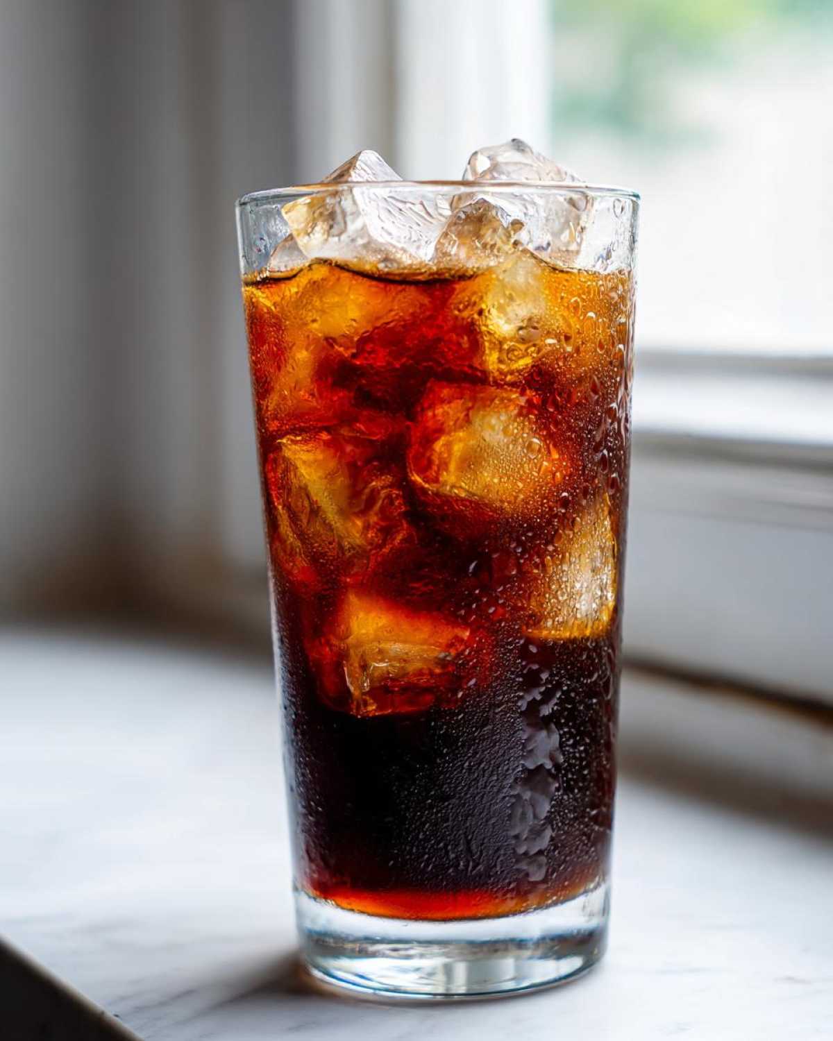 A tall glass filled with dark, rich Cold Brew Coffee and large ice cubes, showing condensation on the outside.