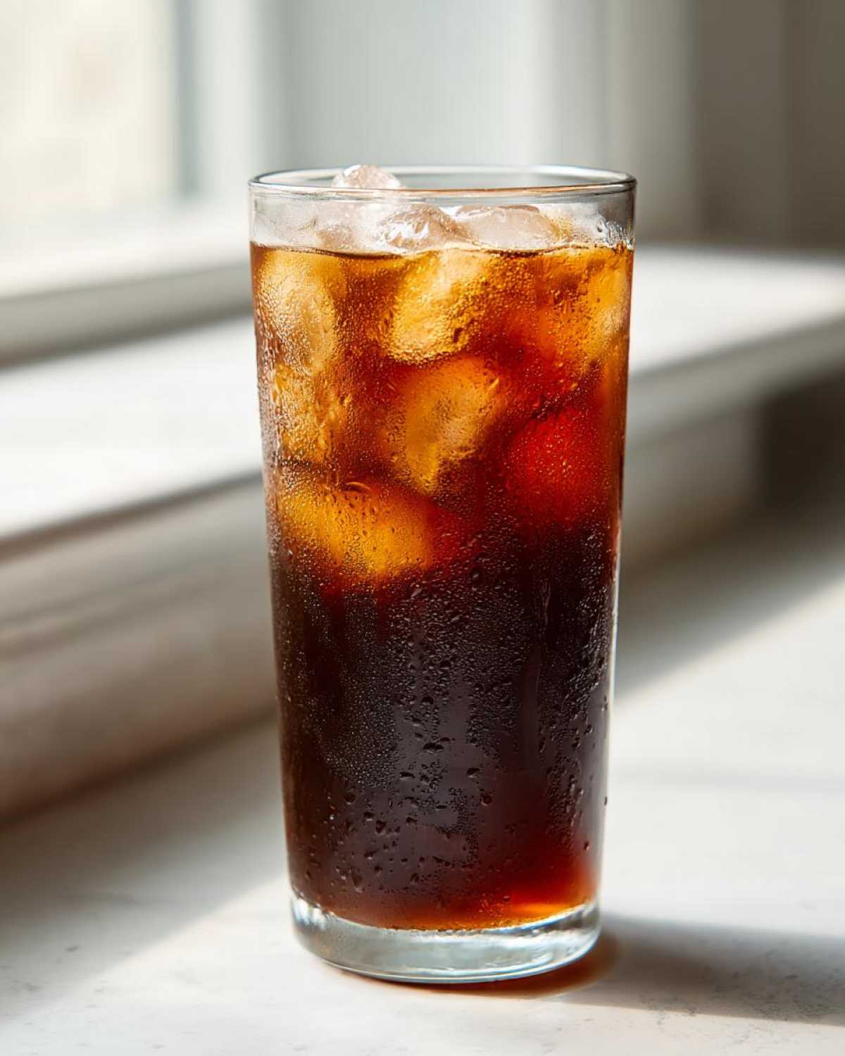 A tall, sweating glass filled with dark Cold Brew Coffee and ice cubes, sitting on a bright surface.