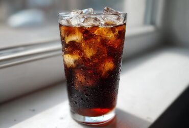 A tall, condensation-covered glass filled with ice and dark Cold Brew Coffee, sitting on a bright windowsill.