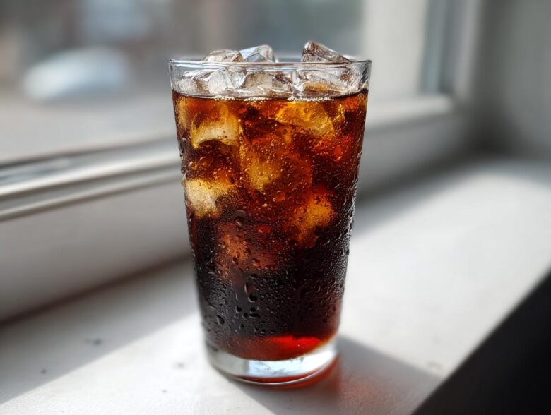 A tall, condensation-covered glass filled with ice and dark Cold Brew Coffee, sitting on a bright windowsill.