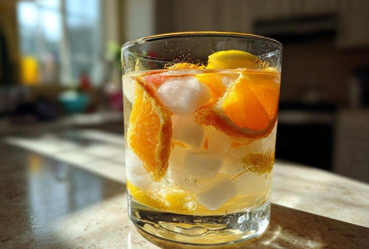 A glass filled with ice, liquid, and slices of orange and lemon, representing White Peach Sangria, sitting in sunlight.