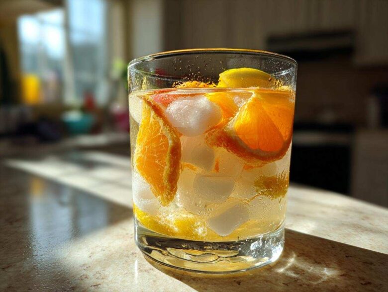 A glass filled with ice, liquid, and slices of orange and lemon, representing White Peach Sangria, sitting in sunlight.