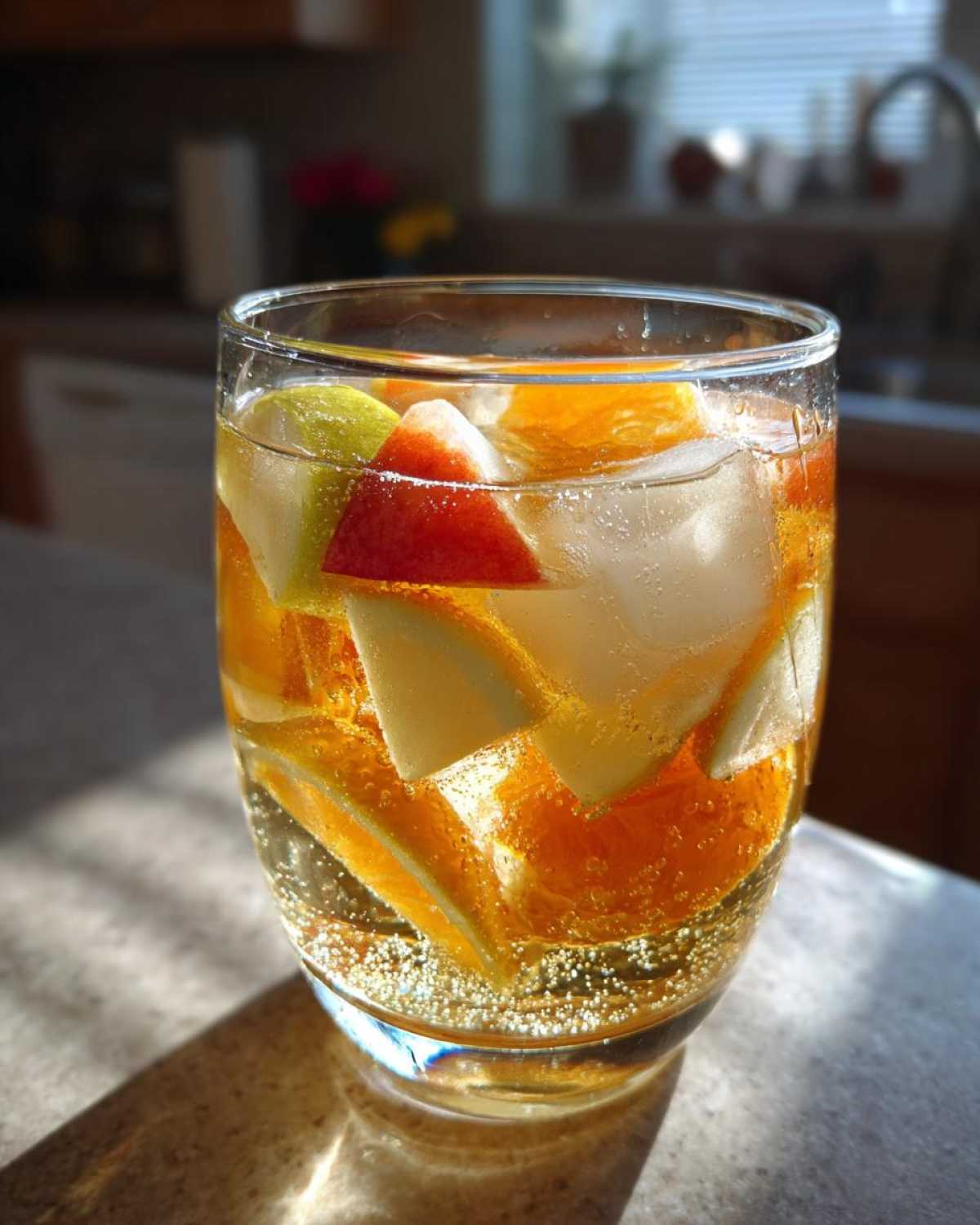 A glass filled with sparkling White Peach Sangria, ice cubes, and slices of orange and apple.