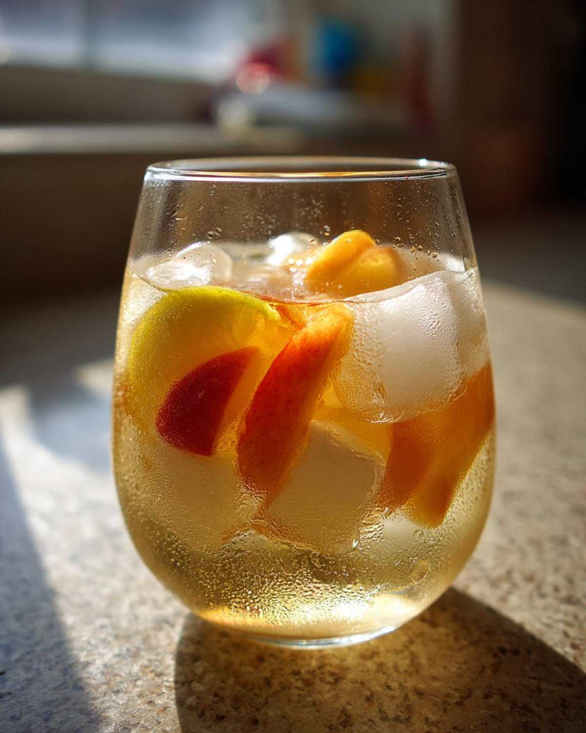 A close-up of a chilled glass filled with White Peach Sangria, ice cubes, and slices of fresh peach.