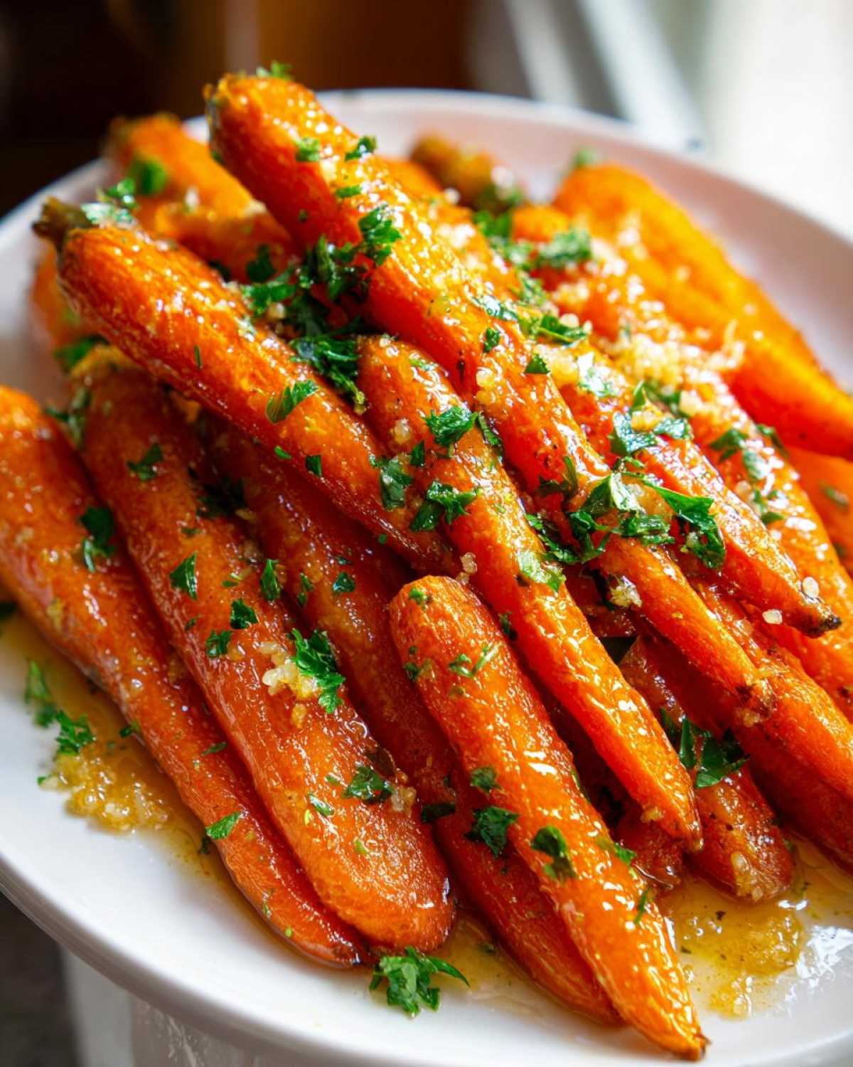 Close-up of vibrant orange Glazed Honey Garlic Butter Roasted Carrots topped with minced garlic and fresh parsley.