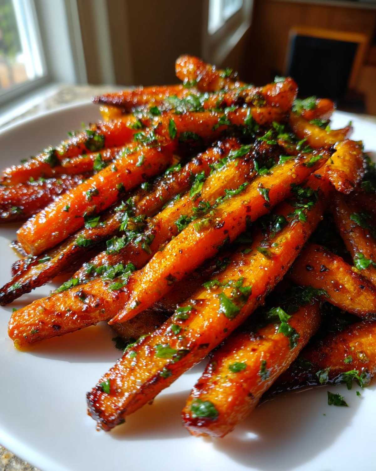 Close-up of Glazed Honey Garlic Butter Roasted Carrots, shiny and garnished with fresh parsley on a white plate.