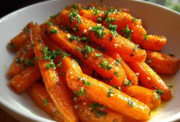 Close-up of vibrant orange Glazed Honey Garlic Butter Roasted Carrots topped with fresh parsley in a white serving bowl.