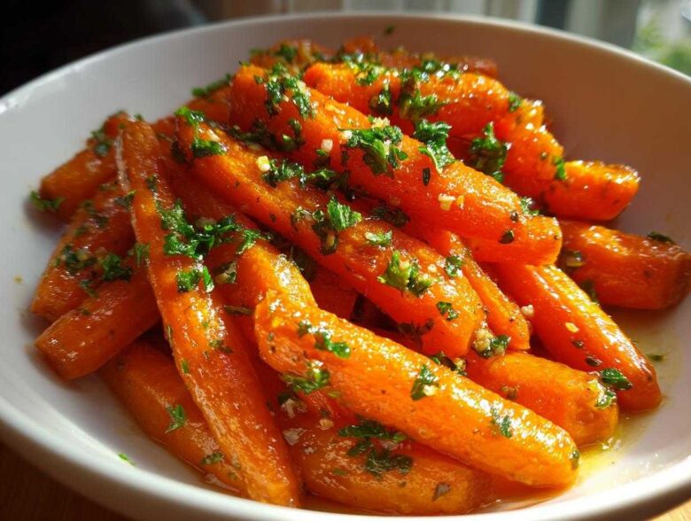 Close-up of vibrant orange Glazed Honey Garlic Butter Roasted Carrots topped with fresh parsley in a white serving bowl.