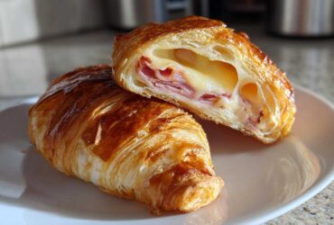 Two Golden Baked Ham and Cheese Croissants on a plate, one cut in half showing melted cheese and ham filling.