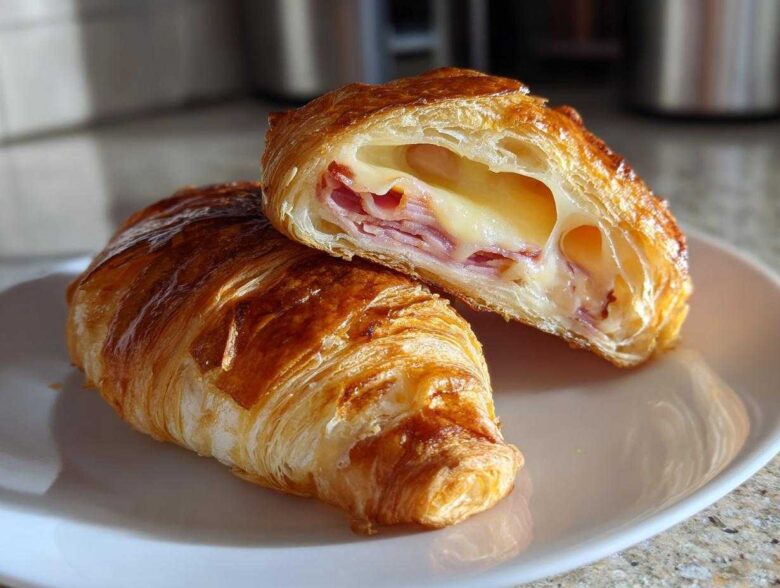Two Golden Baked Ham and Cheese Croissants on a plate, one cut in half showing melted cheese and ham filling.