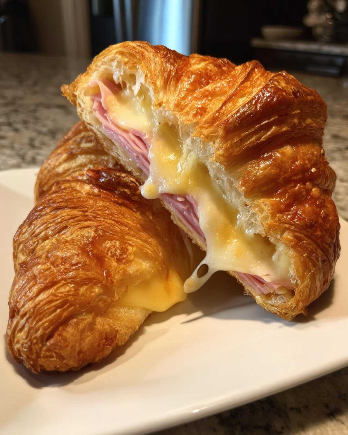 Close-up of Golden Baked Ham and Cheese Croissants cut open showing melted cheese stretching between ham slices.