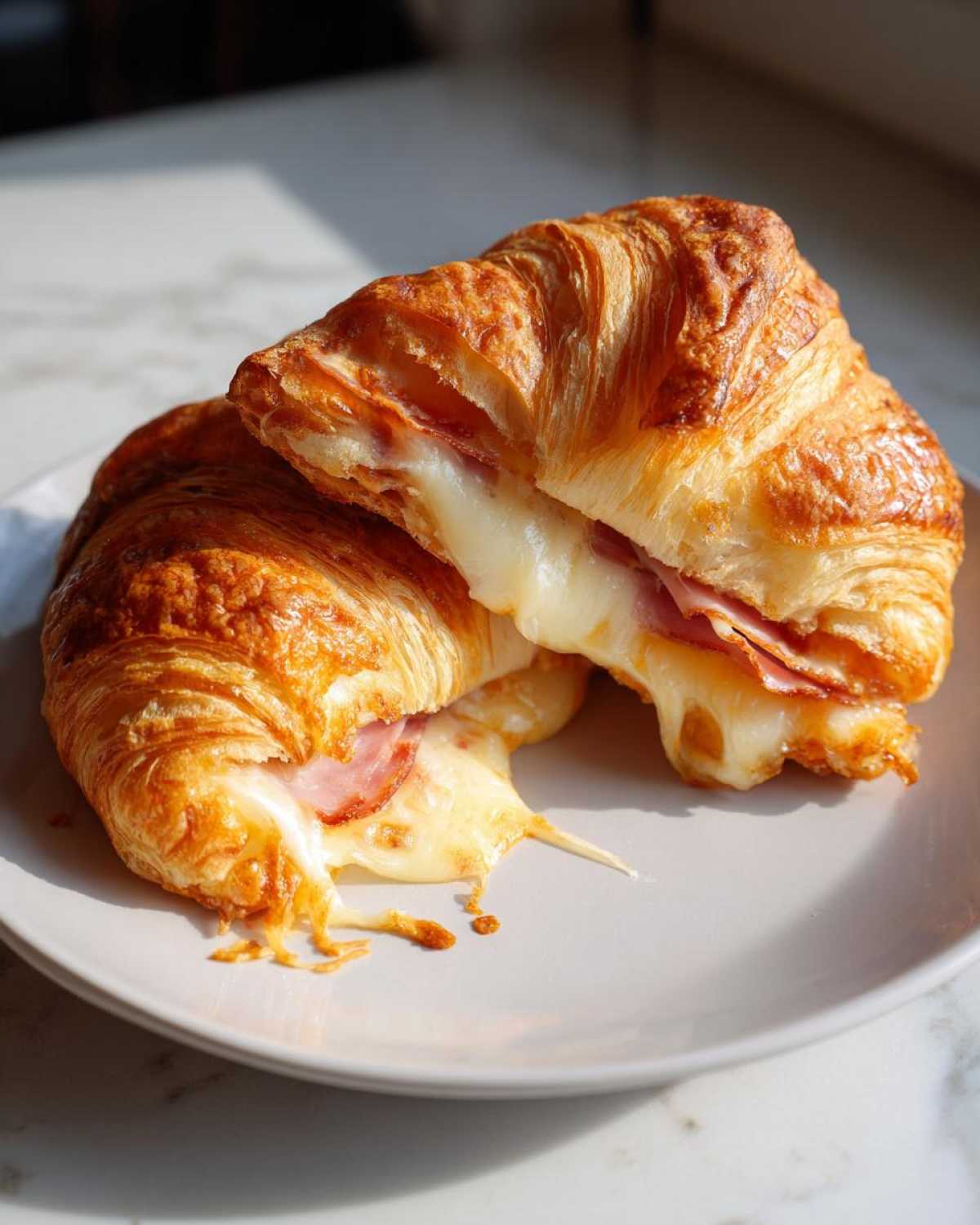Two halves of a Golden Baked Ham and Cheese Croissant showing melted cheese oozing out onto a plate.