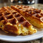 A close-up of two halves of a perfectly golden, crisp Belgian Waffles resting on a white plate.