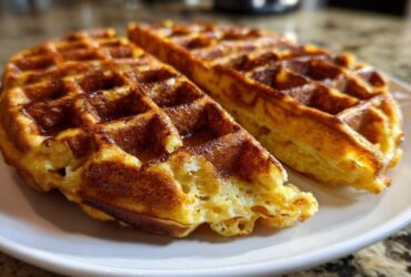 A close-up of two halves of a perfectly golden, crisp Belgian Waffles resting on a white plate.