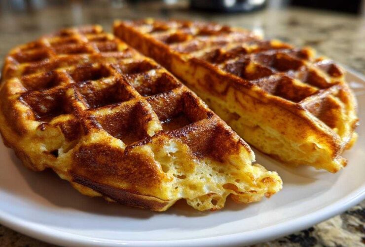A close-up of two halves of a perfectly golden, crisp Belgian Waffles resting on a white plate.