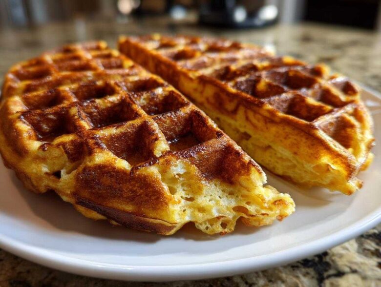 A close-up of two halves of a perfectly golden, crisp Belgian Waffles resting on a white plate.
