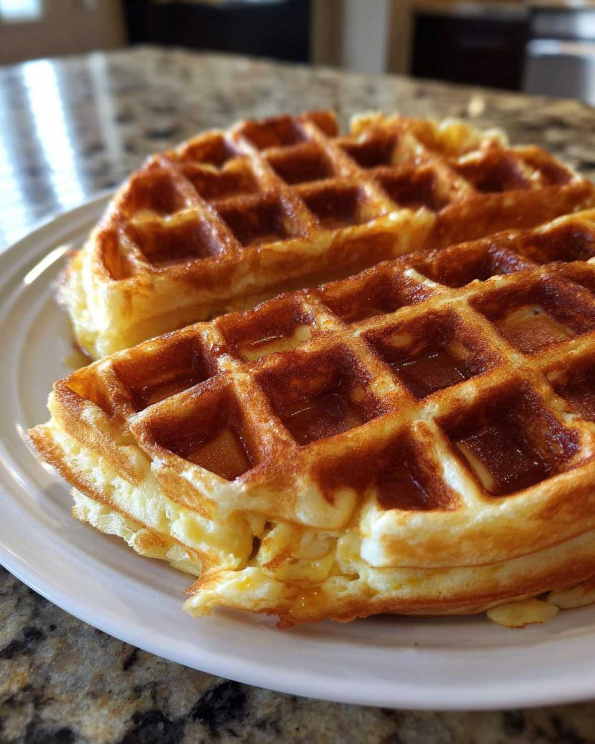 Close-up of two golden brown Belgian Waffles drizzled with syrup, served on a white plate.