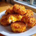 A pile of crispy, golden Golden Cheesy Mashed Potato Puffs on a white plate, one is broken open showing melted cheese.