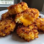Close-up of crispy Golden Cheesy Mashed Potato Puffs, one broken open revealing melted cheese.