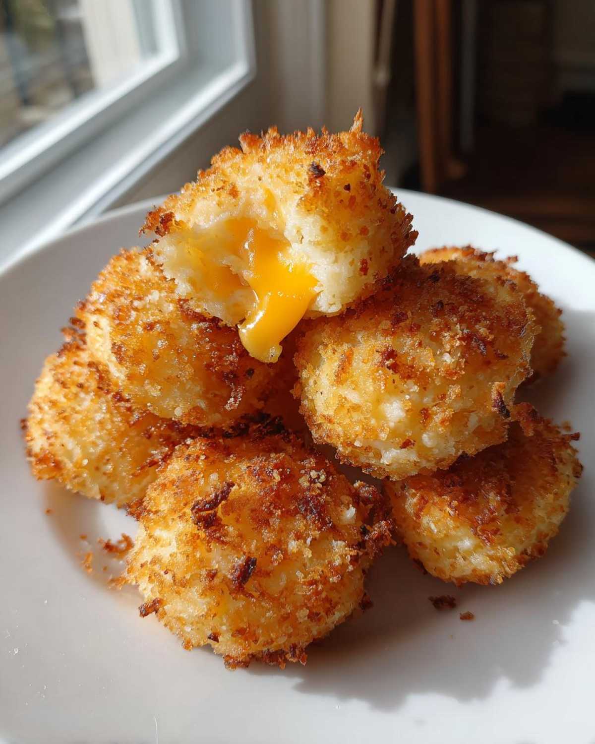 A stack of crispy Golden Cheesy Mashed Potato Puffs, with one broken open revealing melted cheese.