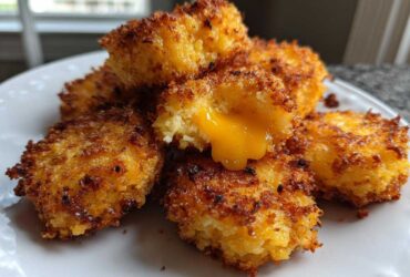Close-up of crispy Golden Cheesy Mashed Potato Puffs, one broken open revealing melted cheese.