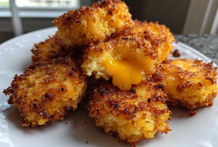Close-up of crispy Golden Cheesy Mashed Potato Puffs, one broken open revealing melted cheese.