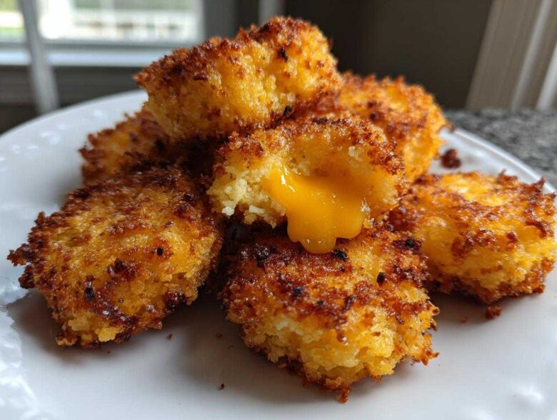 Close-up of crispy Golden Cheesy Mashed Potato Puffs, one broken open revealing melted cheese.