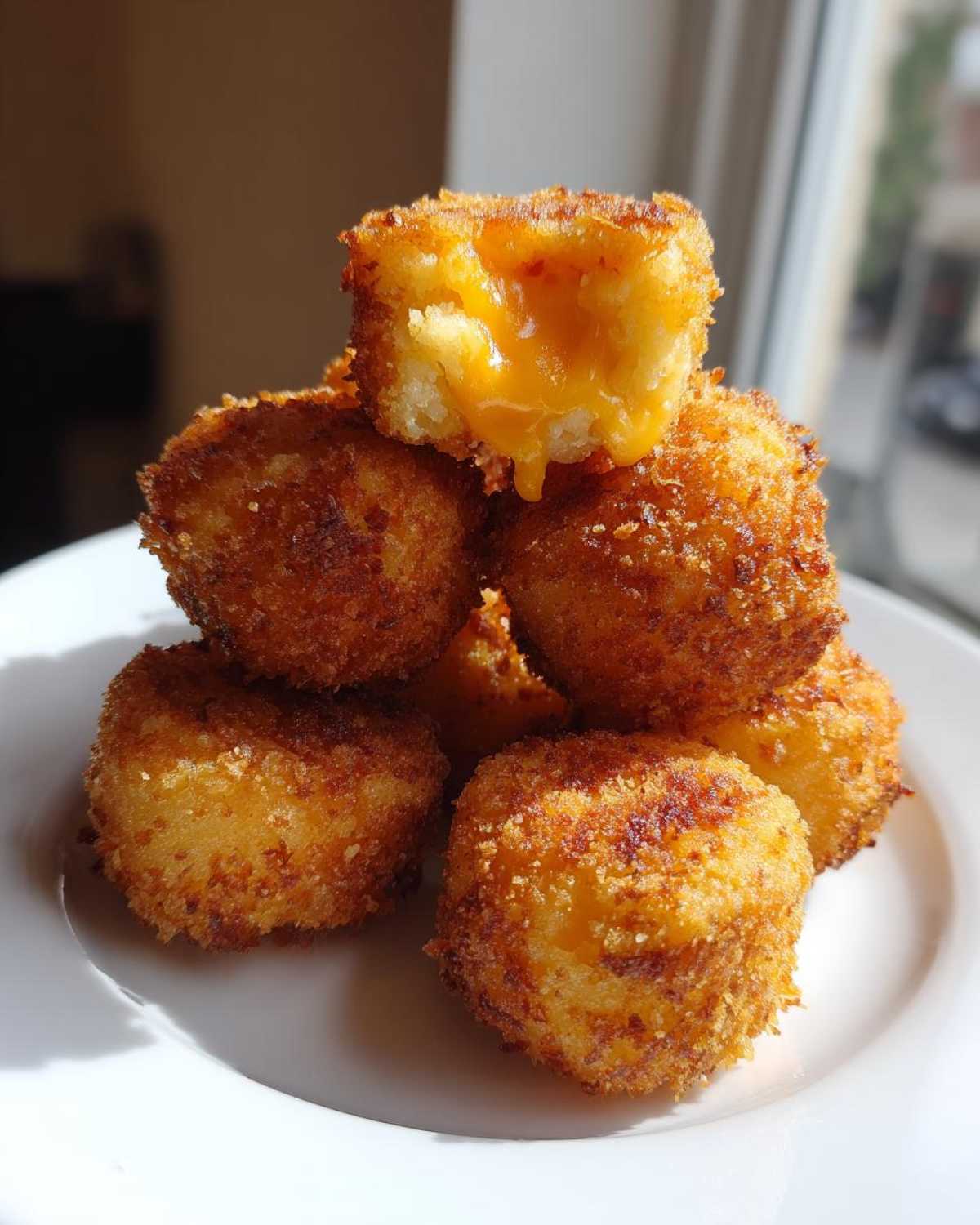 A stack of crispy, golden Golden Cheesy Mashed Potato Puffs with one puff broken open showing melted cheese.
