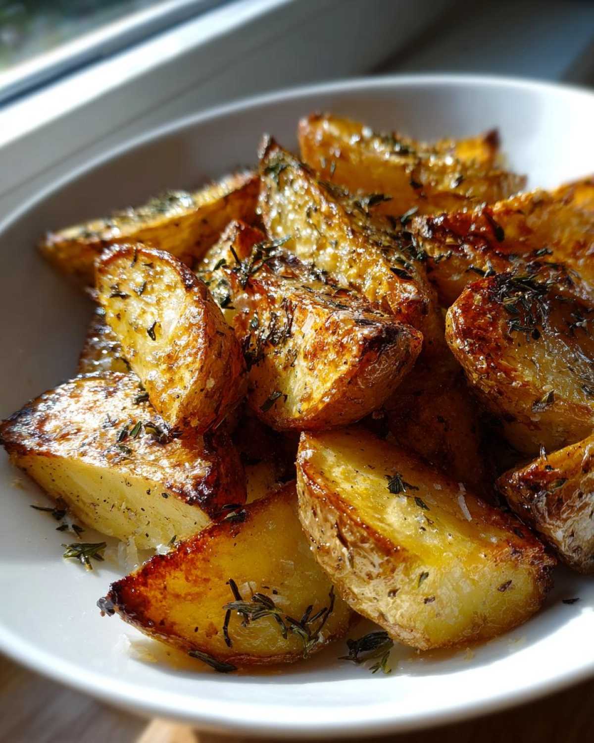 Close-up of crispy roasted Greek Lemon Potatoes seasoned with herbs and glistening with oil.