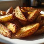 A close-up of perfectly roasted, crispy Greek Lemon Potatoes wedges seasoned with herbs on a white plate.