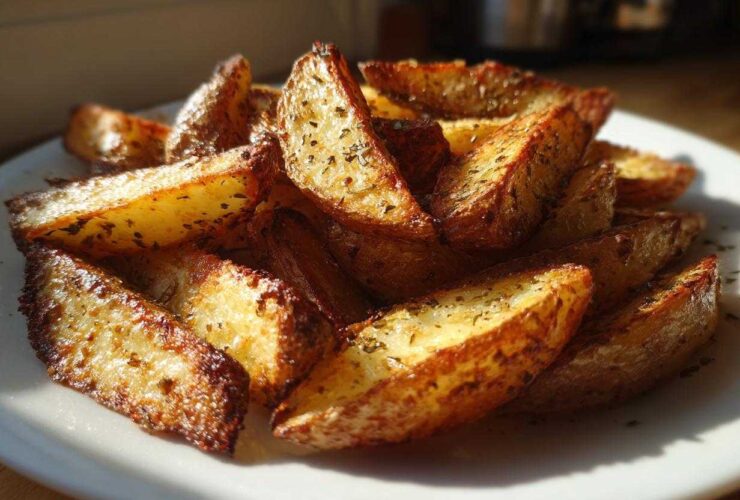 A close-up of perfectly roasted, crispy Greek Lemon Potatoes wedges seasoned with herbs on a white plate.