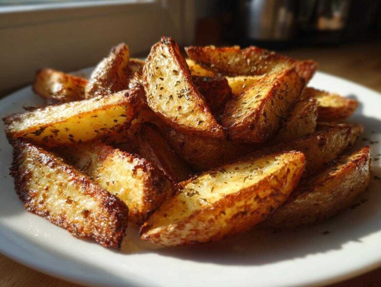 A close-up of perfectly roasted, crispy Greek Lemon Potatoes wedges seasoned with herbs on a white plate.