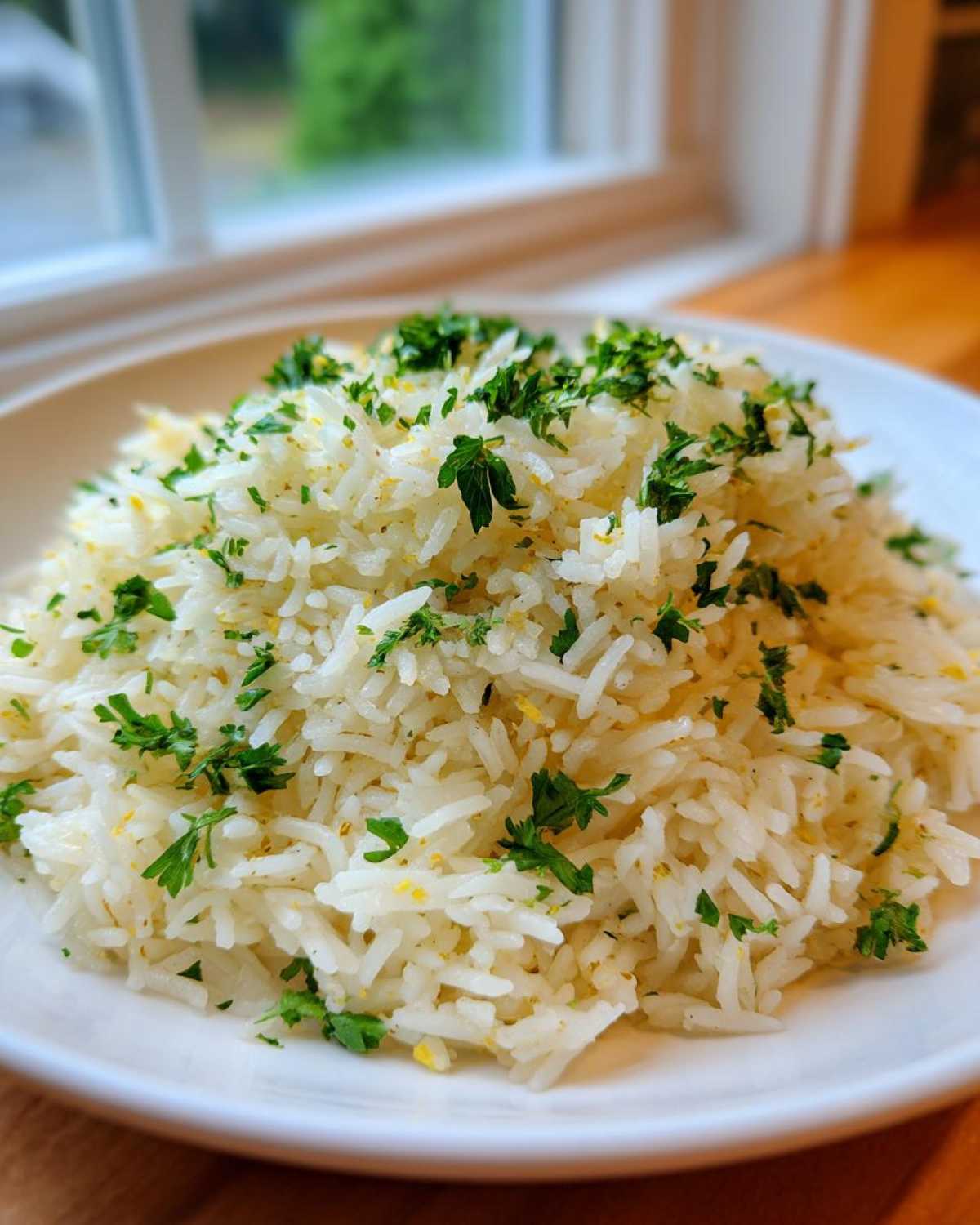 Close-up of fluffy Greek Lemon Rice seasoned with zest and topped generously with fresh chopped parsley.