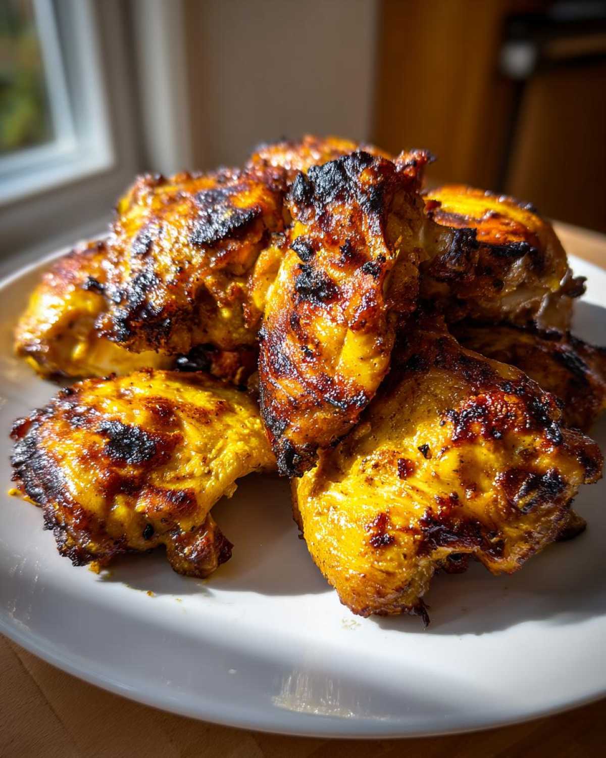 A plate piled high with beautifully charred and golden Grilled Vietnamese Chicken pieces.