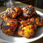 Close-up of juicy, glazed Grilled Vietnamese Chicken pieces with dark char marks piled on a white plate.